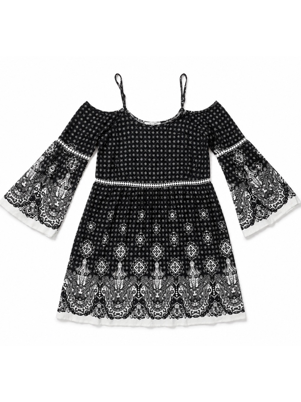 Love Tree Black & White Embroidered Cold Shoulder Boho Dress Womens M